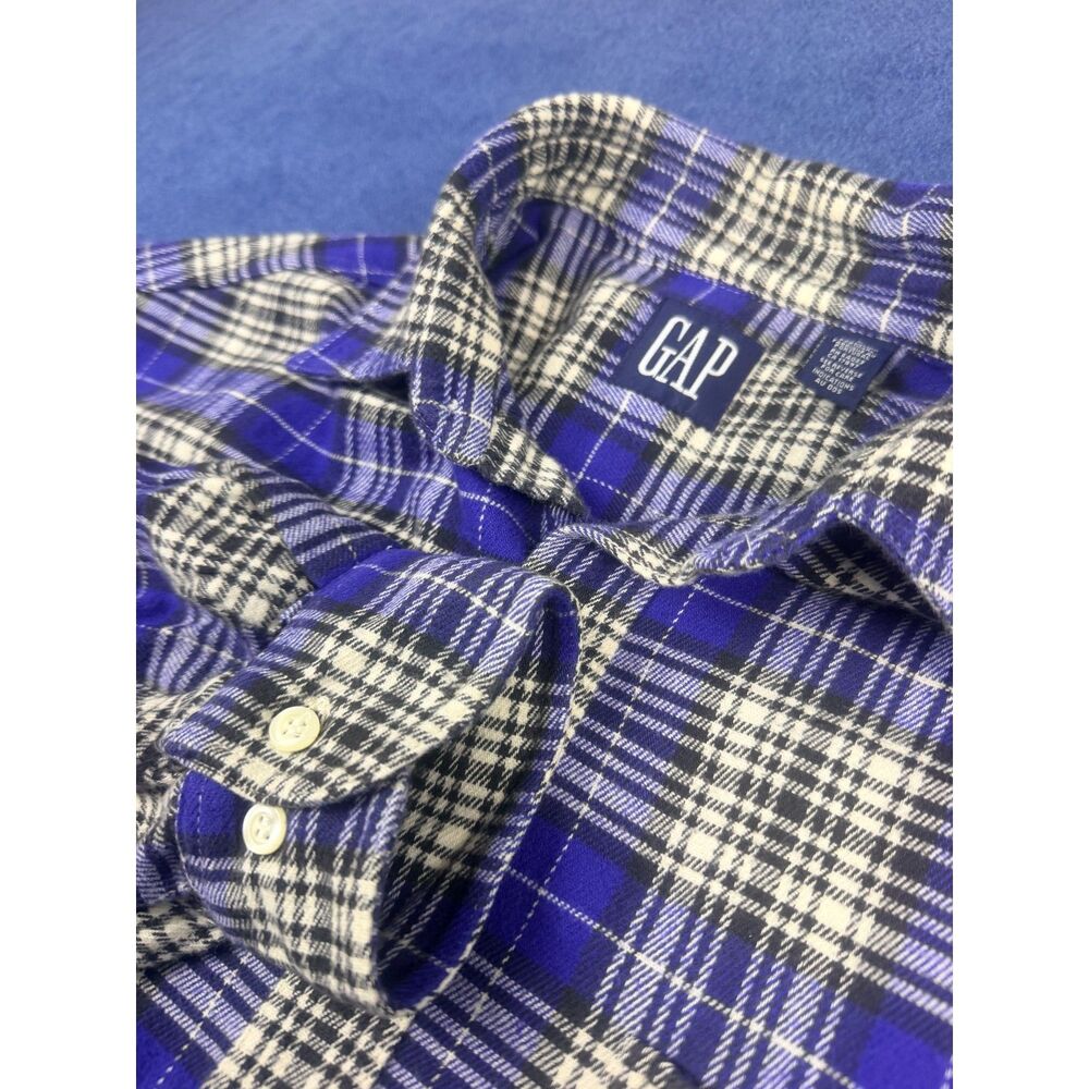 Vintage GAP Plaid Flannel Shirt Mens L Blue Black 100% Cotton 90s